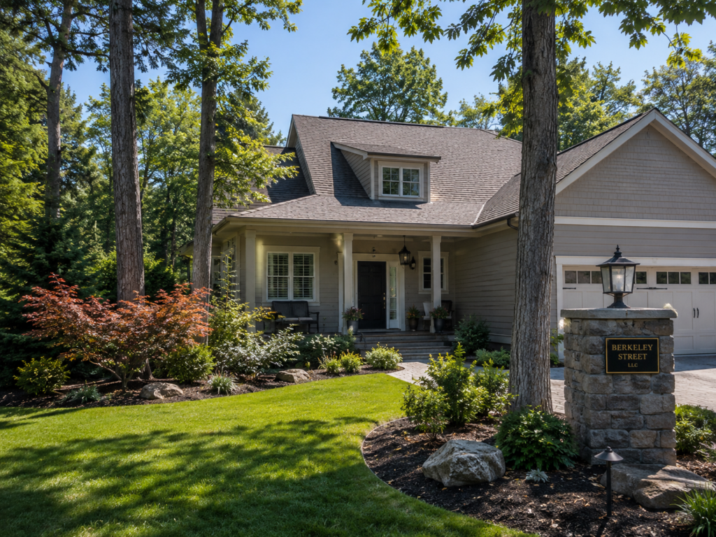 Well-maintained home surrounded by mature trees and landscaped grounds 